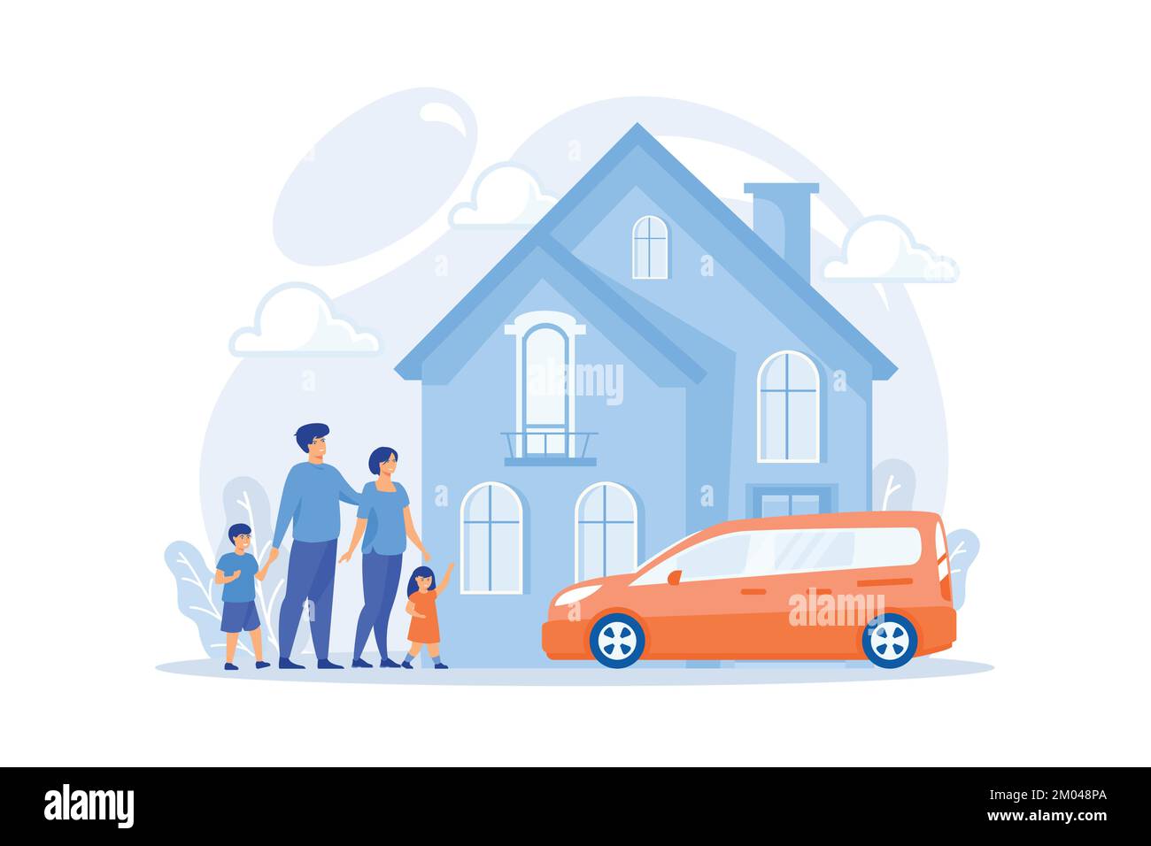 Happy parents with children and detached house. Single-family detached home, family house, detached residence and single dwelling unit concept. flat v Stock Vector