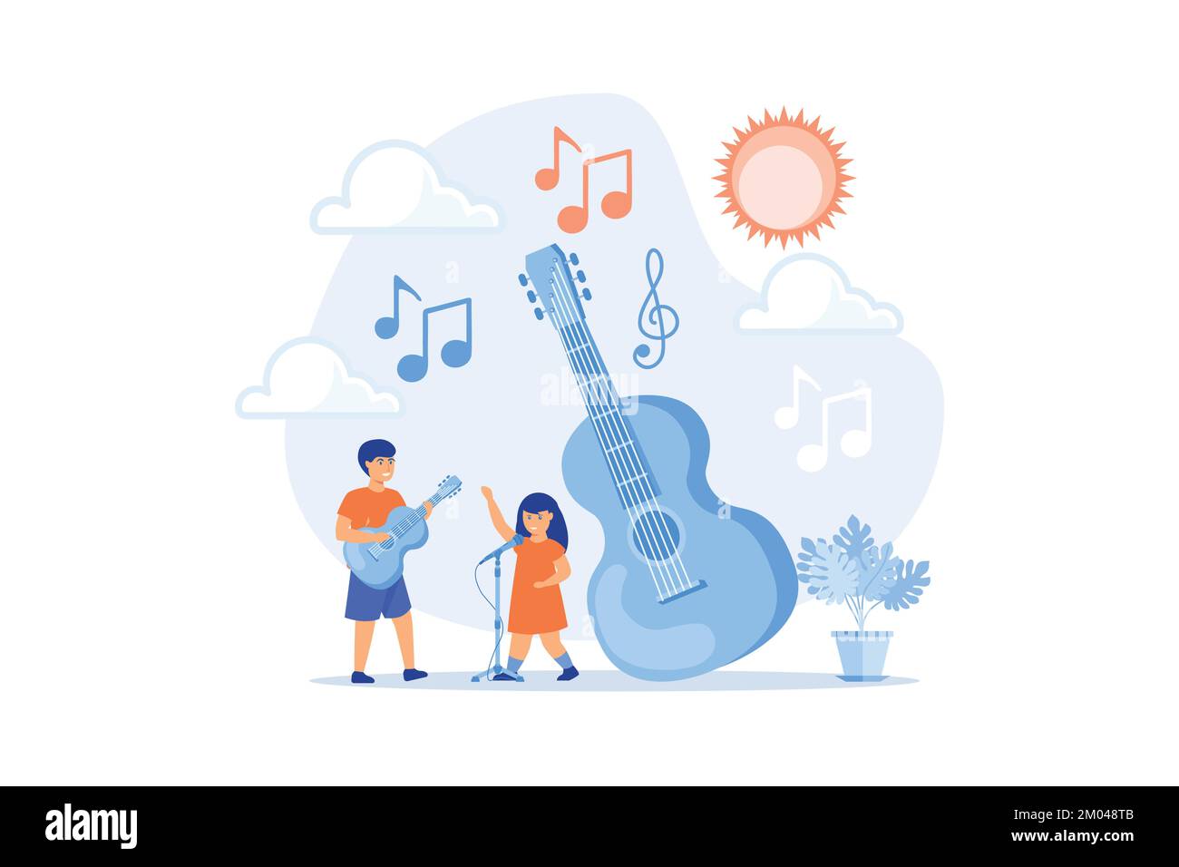 Happy kids enjoy singing and playing the guitar at summer camp, tiny people. Musical camp, young music talents, music and song courses concept. flat v Stock Vector
