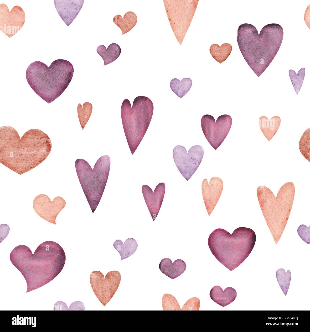 Watercolor hand drawn seamless pattern of pink, beige and purple hearts ...