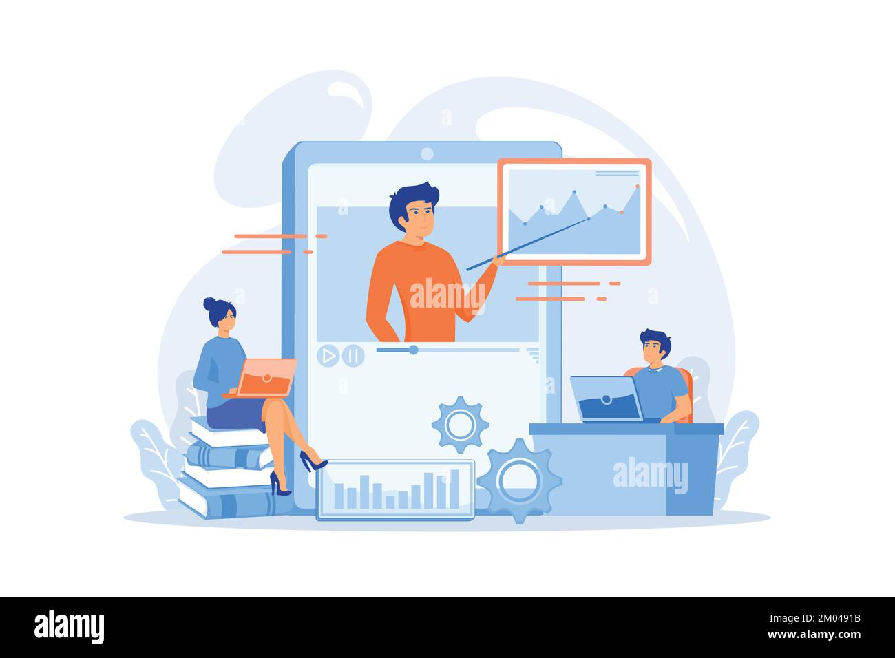 Students watching online training video with teacher and chart on tablet. Online teaching, share your knowledge, english teacher online concept. flat Stock Vector