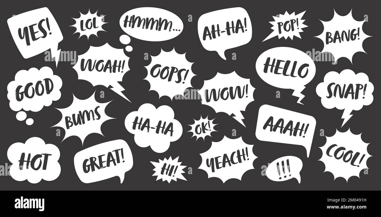 White comic speech bubbles with handwritten text on dark background ...