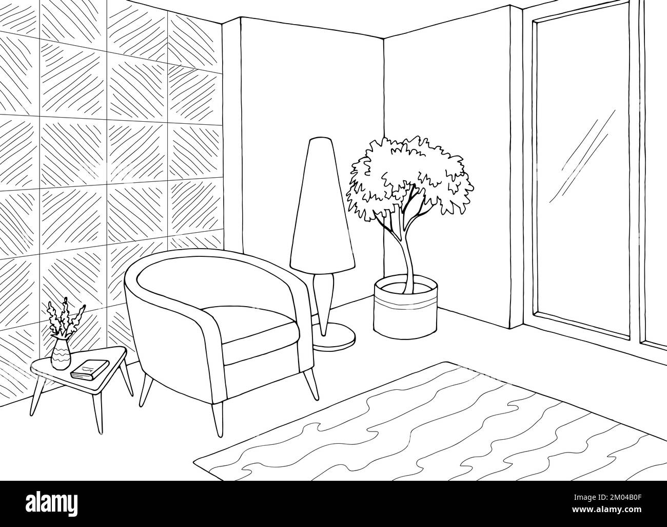 Living room graphic black white home interior sketch illustration ...