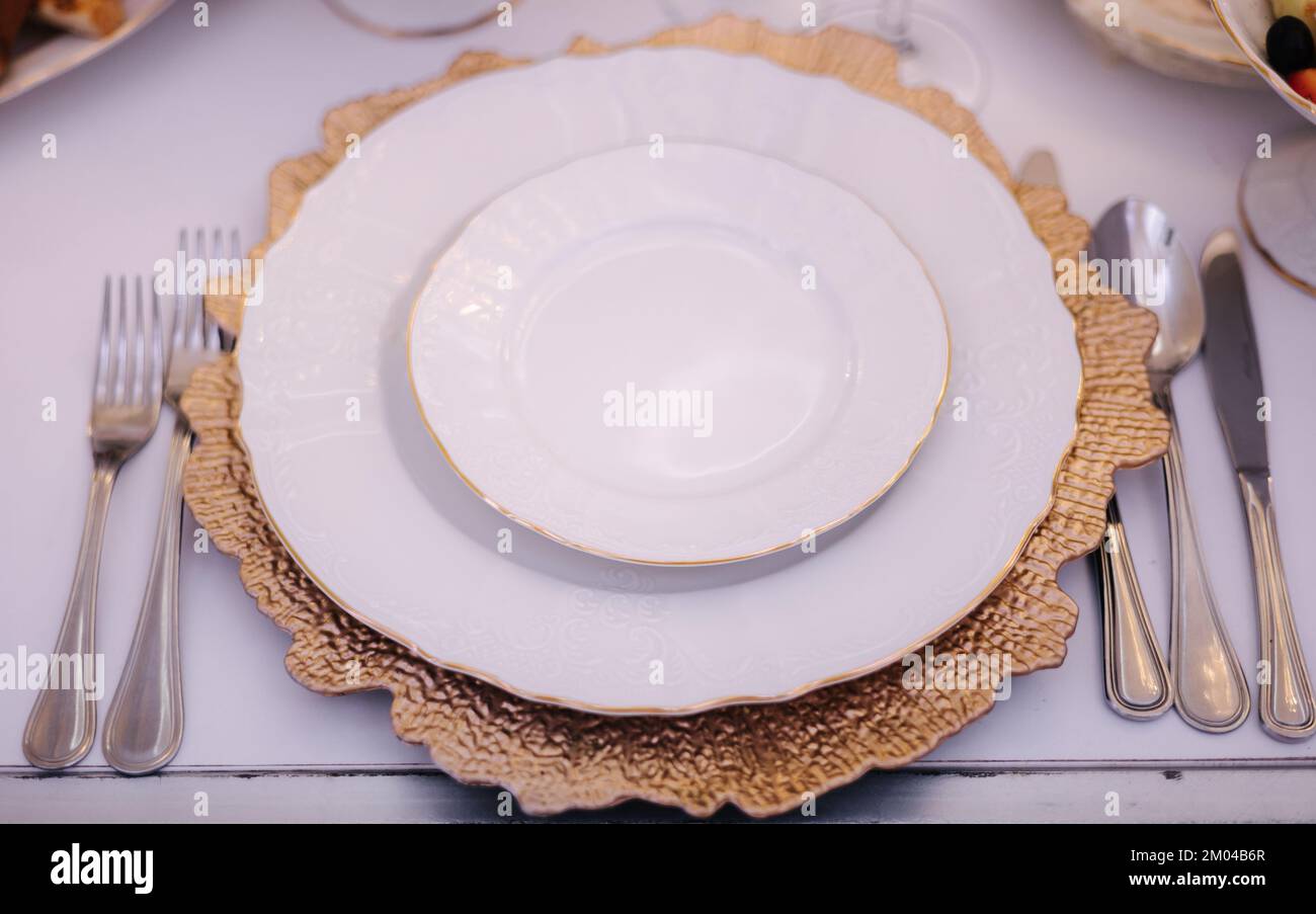 Set table in restaurant. Cutlery top view Stock Photo