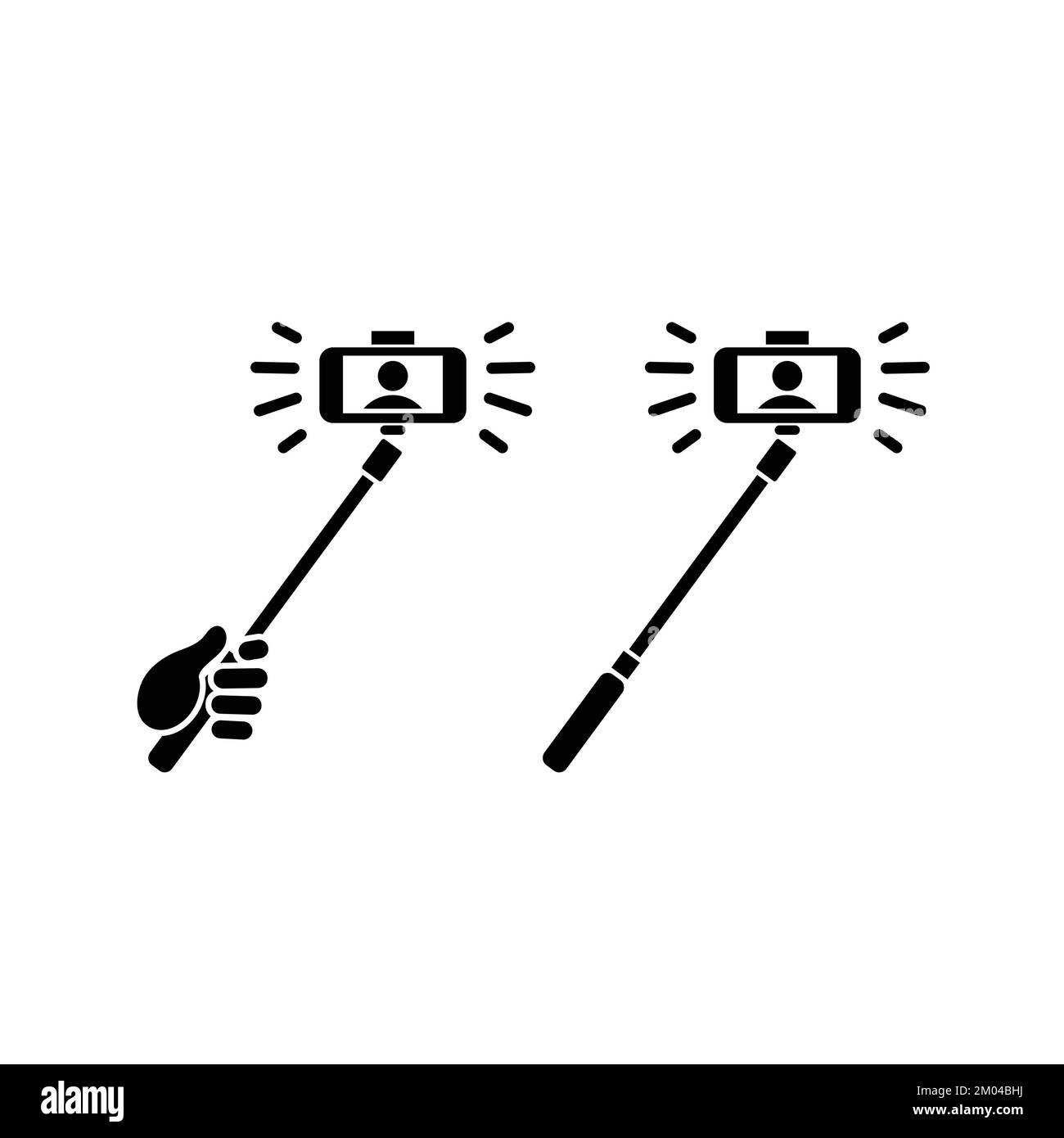 Hand holding selfie stick taking picture icon vector symbol. Stock Vector