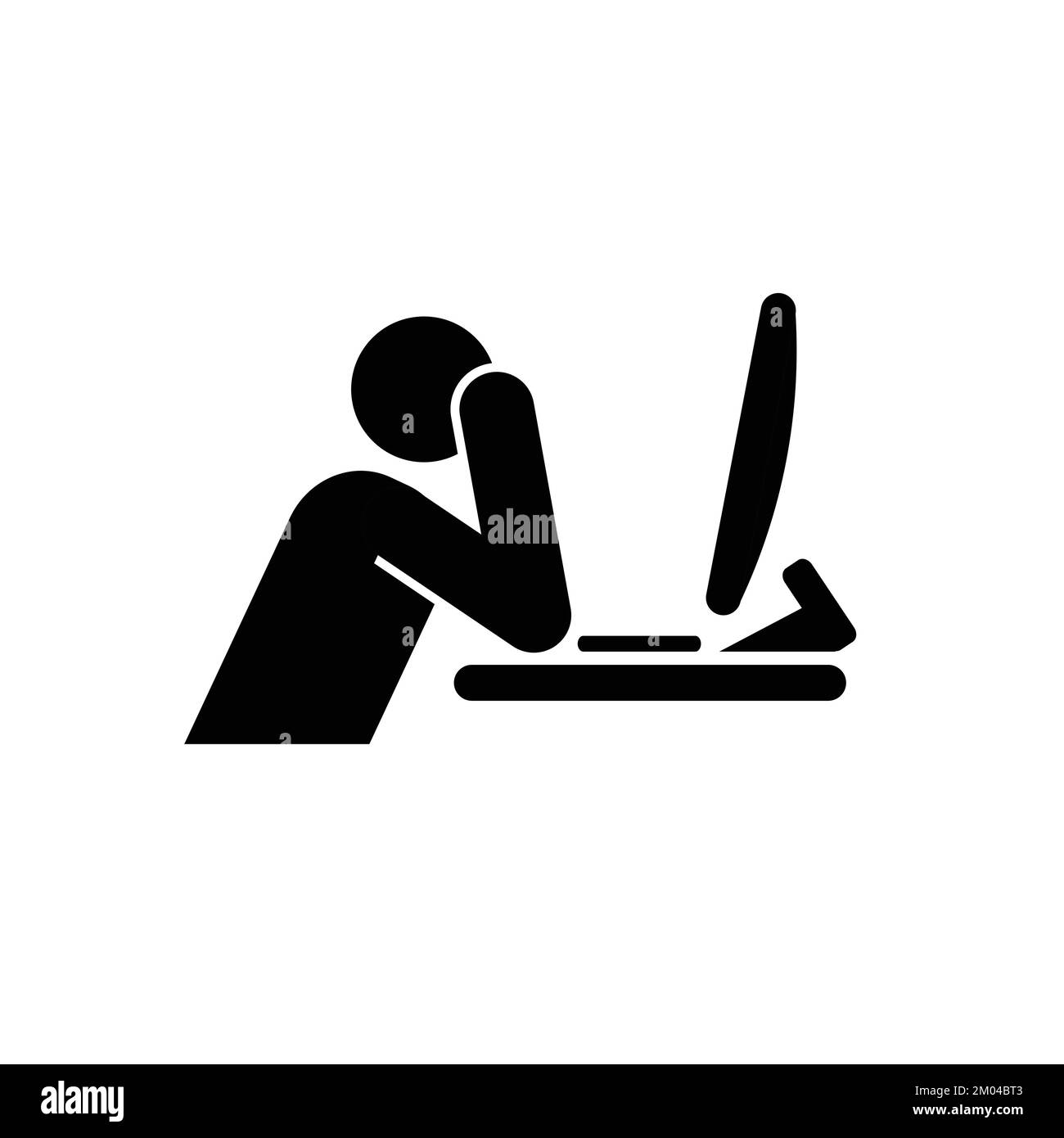 Man in front of computer burnout concept icon symbol vector. Sad character in office holding his head in front of his computer screen. Stock Vector