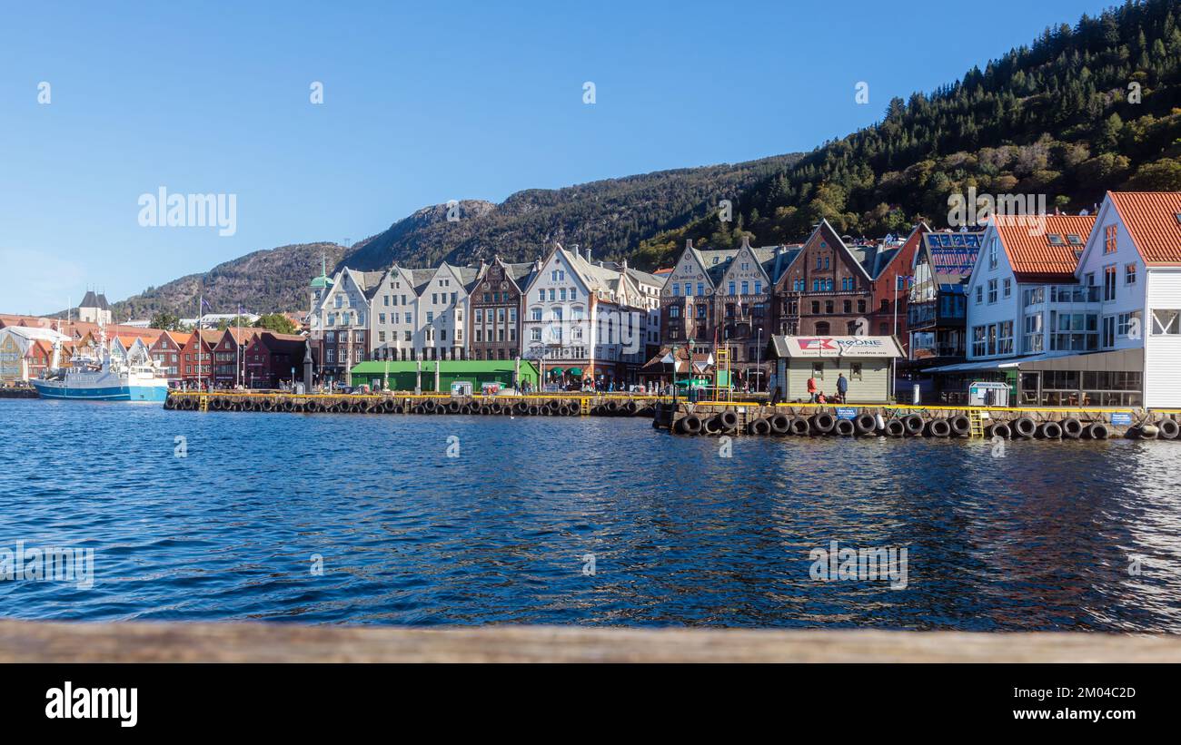 Bergen, Norway, 19th Sep, 2022: Port of Bergen and hanseatic league Housese in Bryggen street. Stock Photo