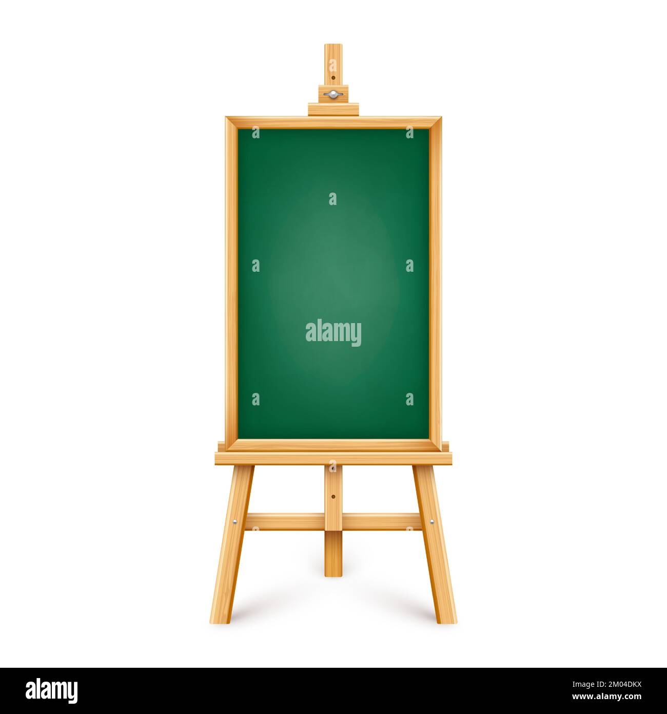 Realistic green chalkboard on wooden easel. Blank blackboard in wooden