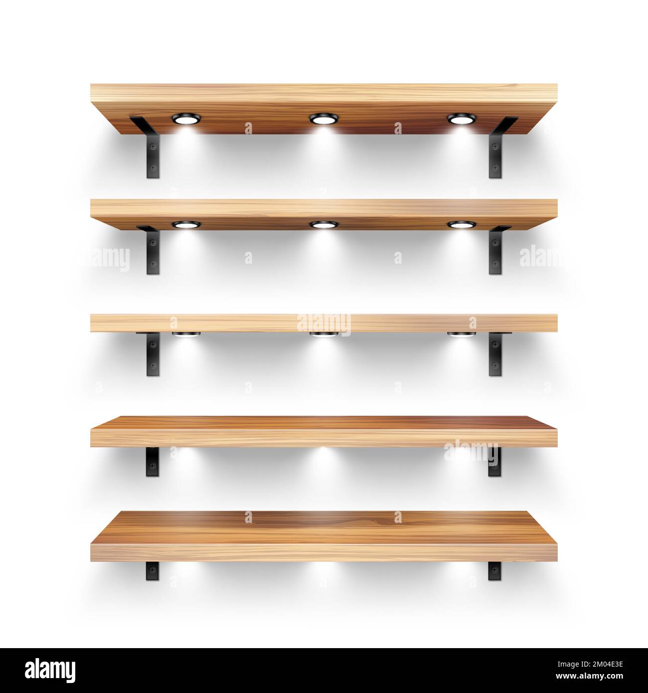 Realistic wooden store shelves with wall mount and lighting, spotlights
