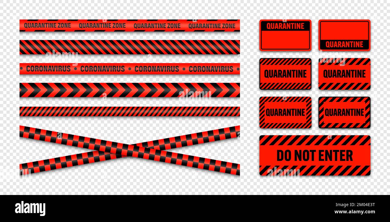 Various quarantine zone warning tapes and shields. Novel coronavirus ...
