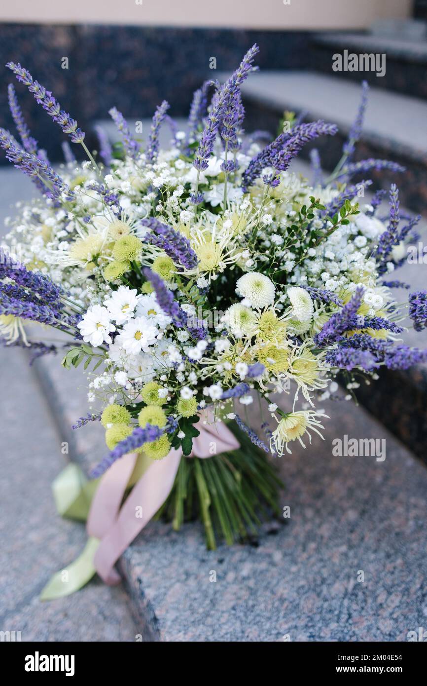 Beautiful bouquet with different flowers and lavender Stock Photo