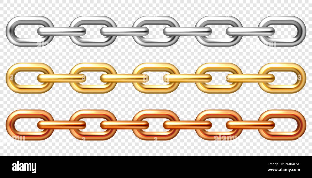 Realistic golden, silver and bronze chains on checkered background