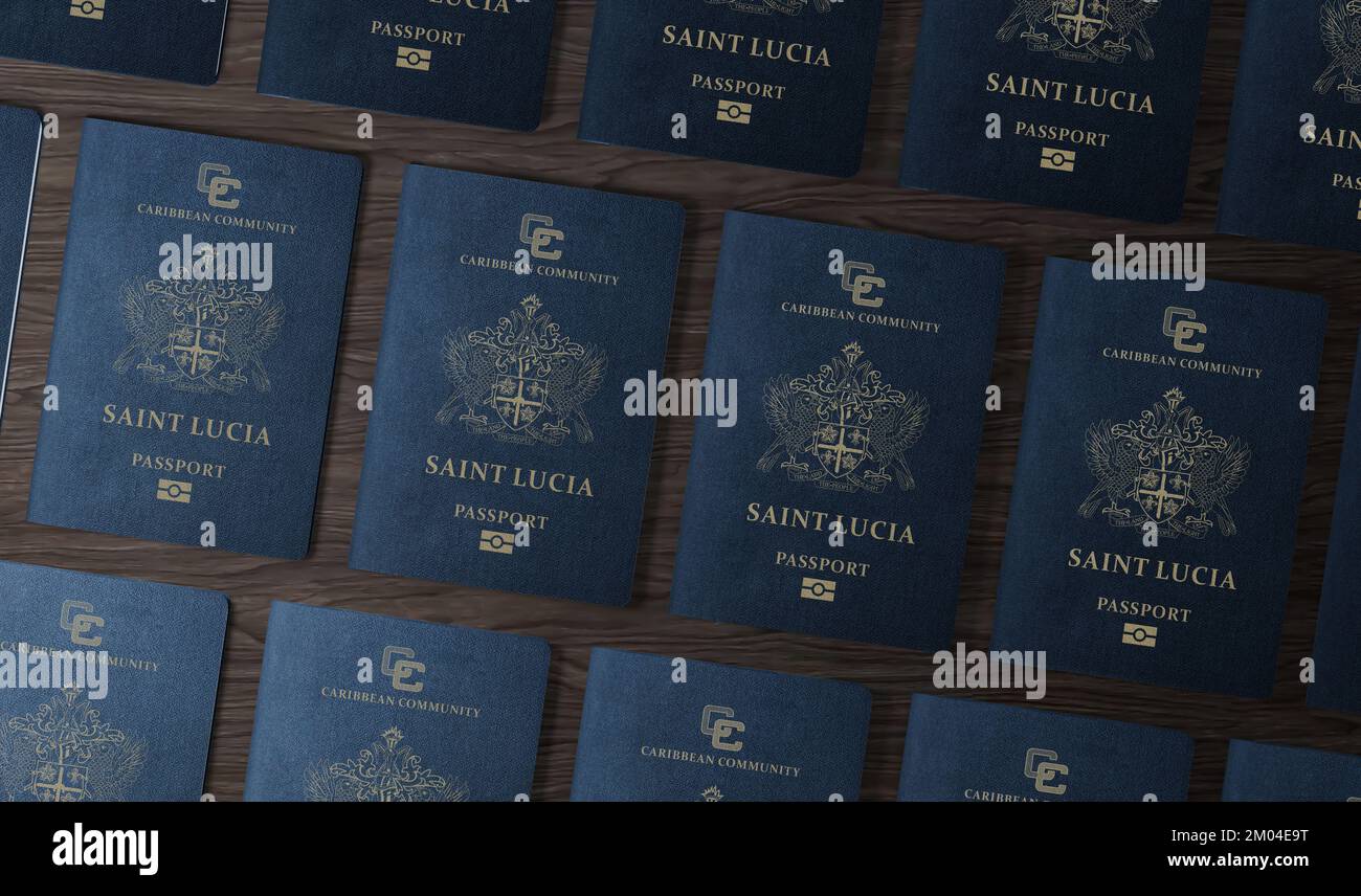 Saint Lucia passports on a wooden table , top view Stock Photo