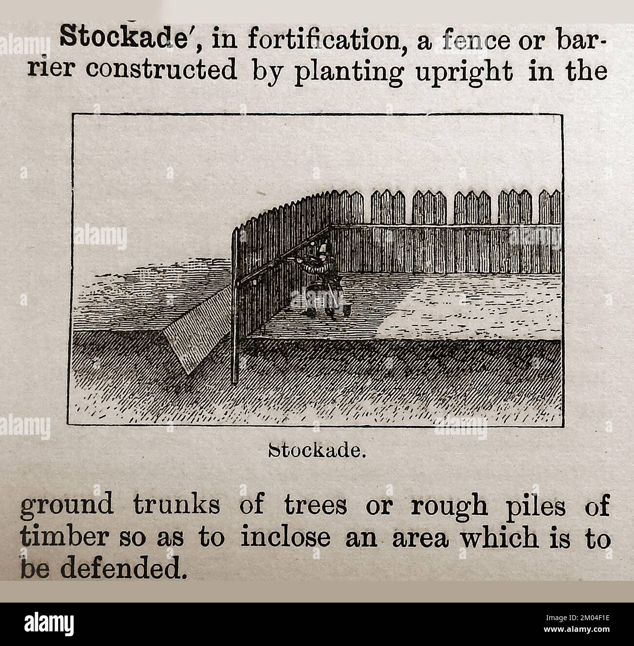 A 19th century dictionary illustration describing a STOCKADE Stock
