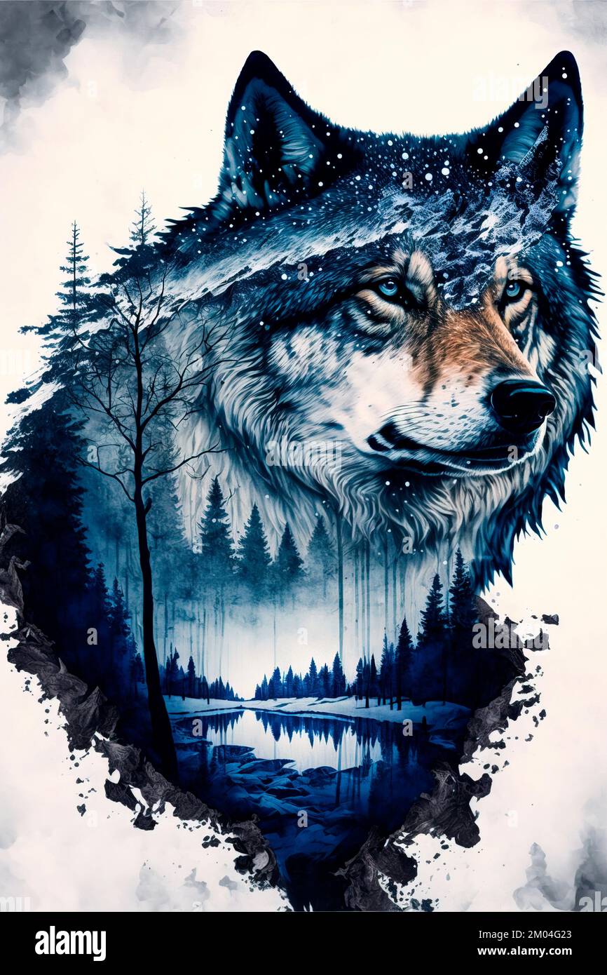 Double exposure image of a wolf and the winter forest Stock Photo - Alamy