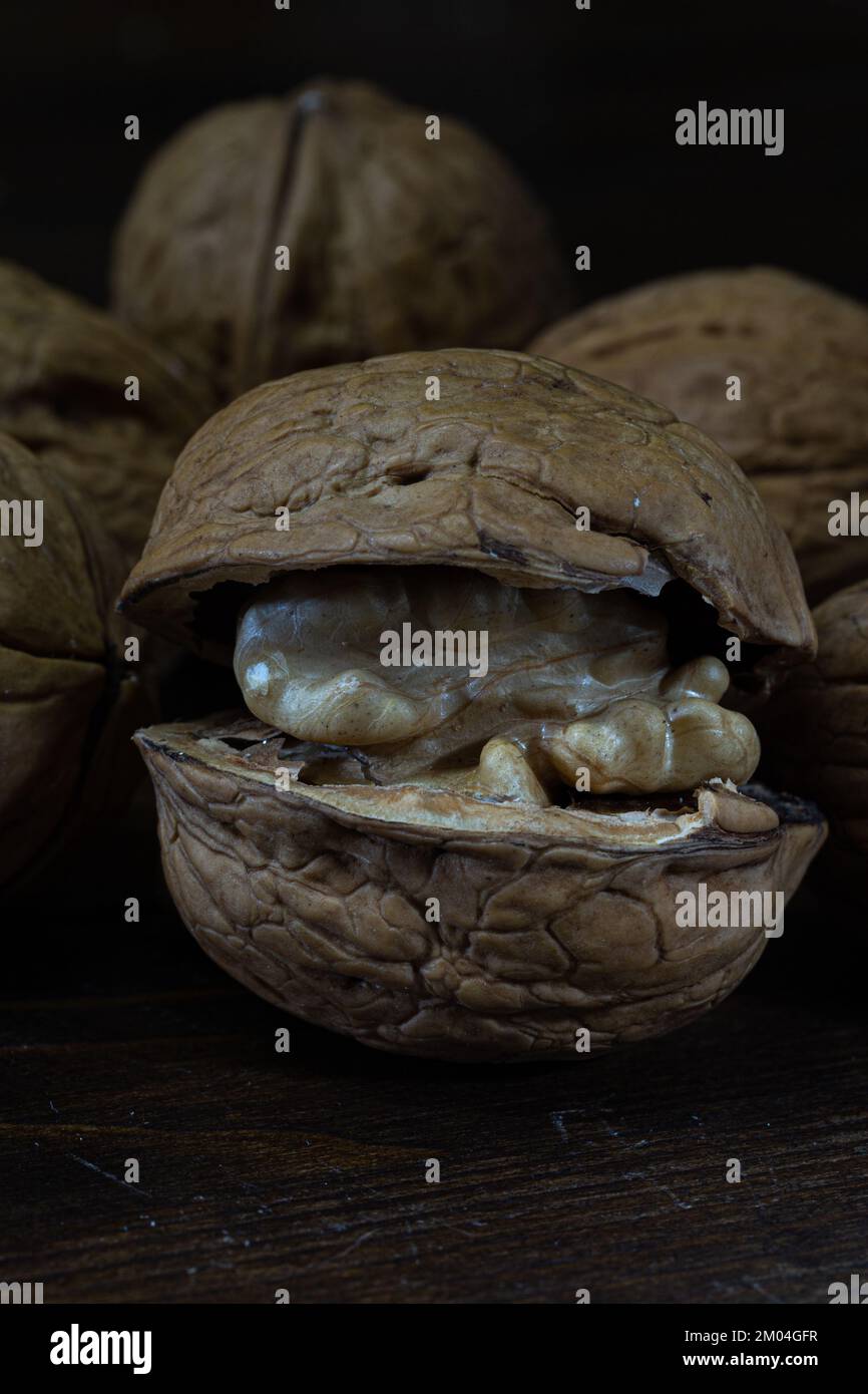 walnut on a wooden table Stock Photo