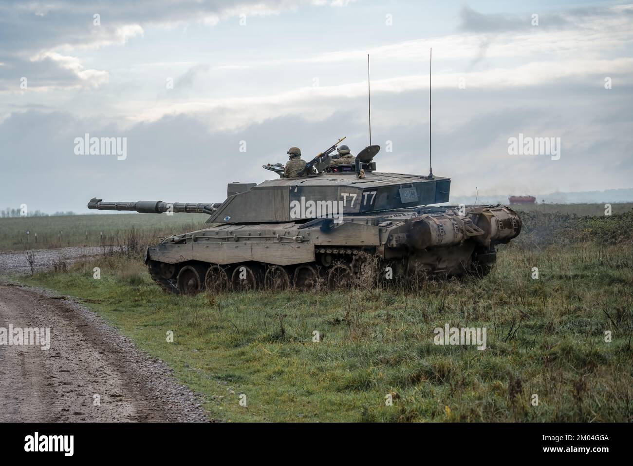 British army Challenger II 2 FV4034 main battle tank in action open countryside, on a military exercise Wiltshire UK Stock Photo