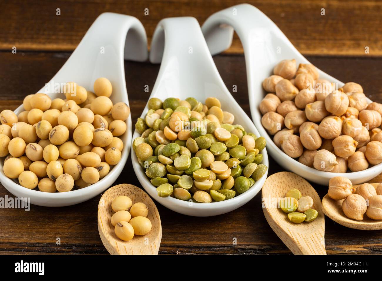 close-up view of  beans mix background, bulk soybean seeds,  dry peas and Dried chickpeas Stock Photo
