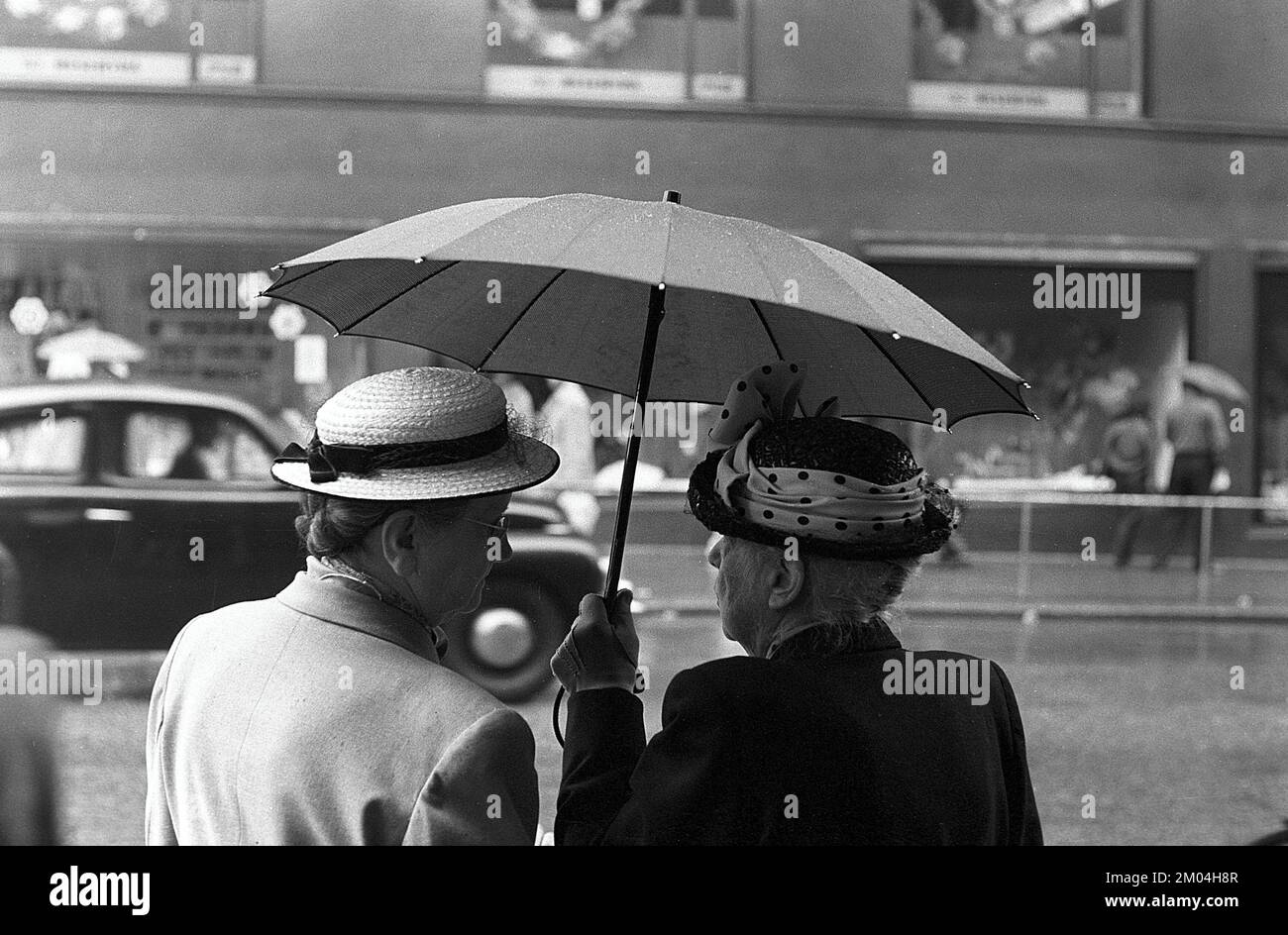 Umbrellas in the 1950s. The rain is pouring and two elderly ladies is