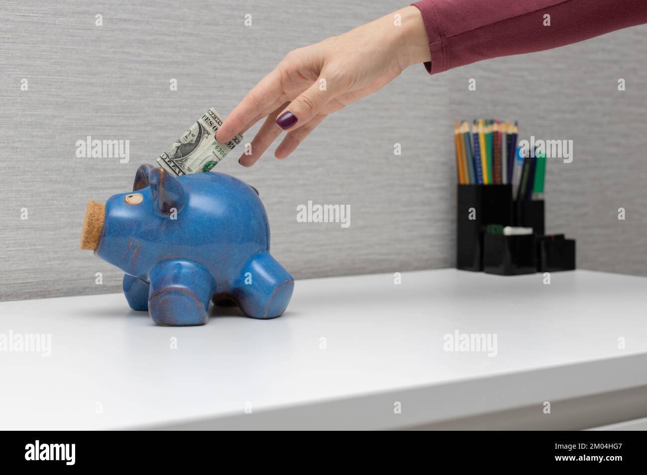 Woman puts money in a piggy bank Stock Photo - Alamy