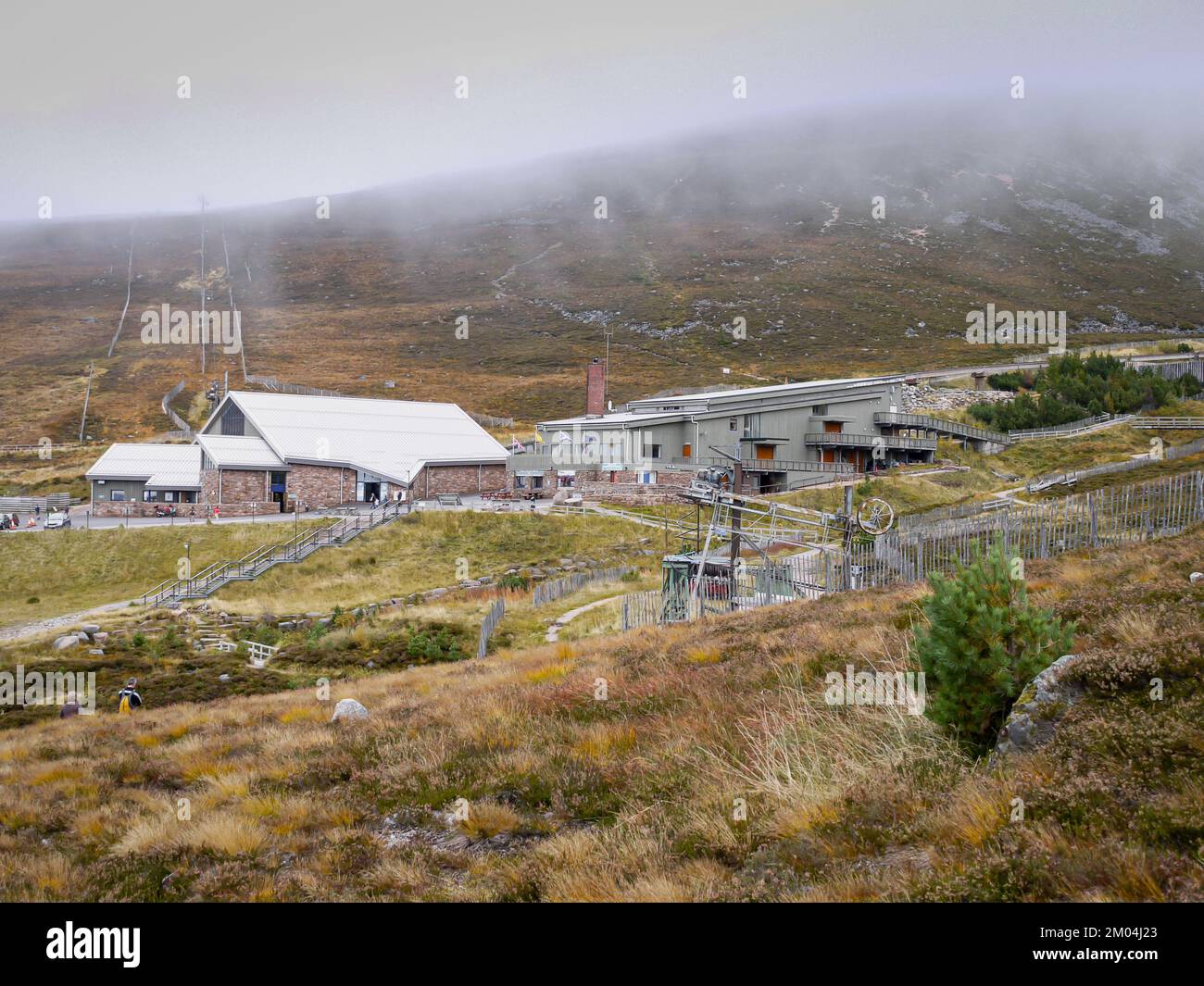 Aviemore ski resort. Cairngorms National Park Scotland taken on 14 October 2009. Ski Centre with ski lifts. Mist rolling over the hills. Stock Photo