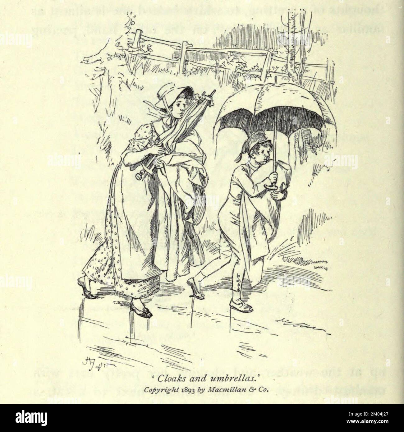 Cloaks and umbrellas illustrated by Hugh Thomson for Our Village is a ...