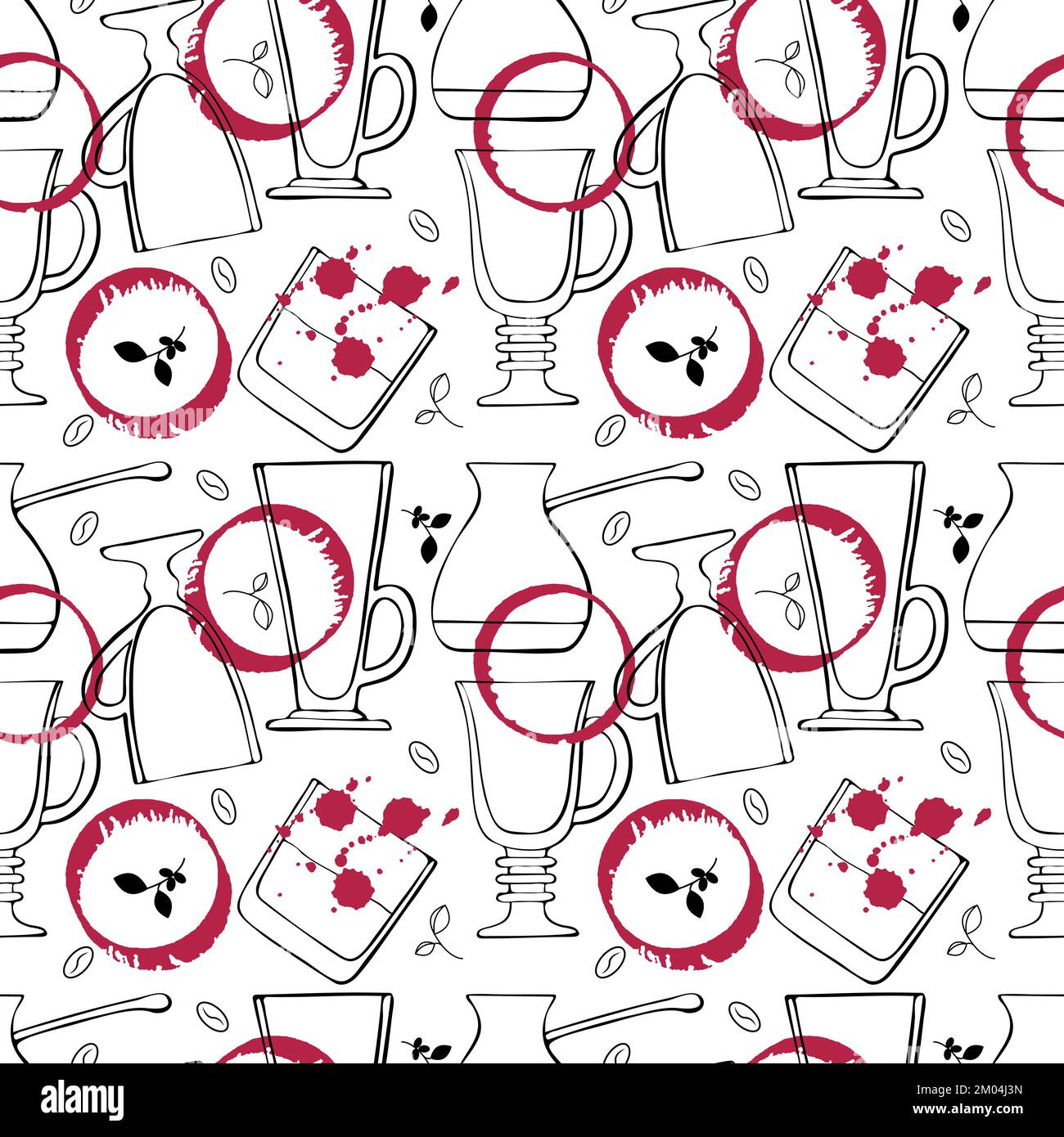 Pattern Viva Magenta color 2023 wine stain and drops with glasses for drinks and whiskey, red watercolor stains, hand drawn doodle. Vector illustration Stock Vector