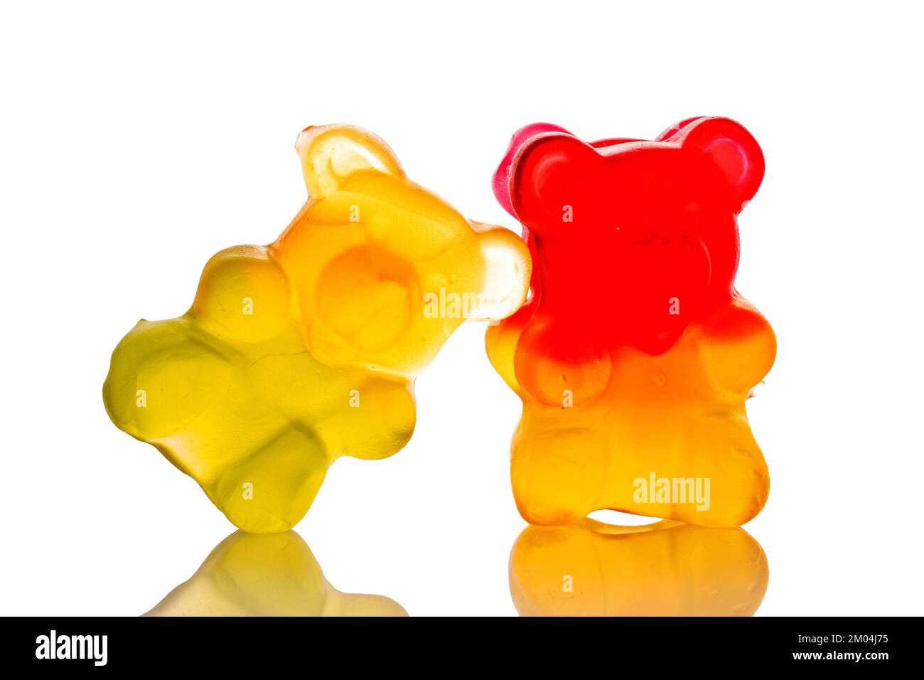 Two gummy bears, macro, isolated on white background. Stock Photo