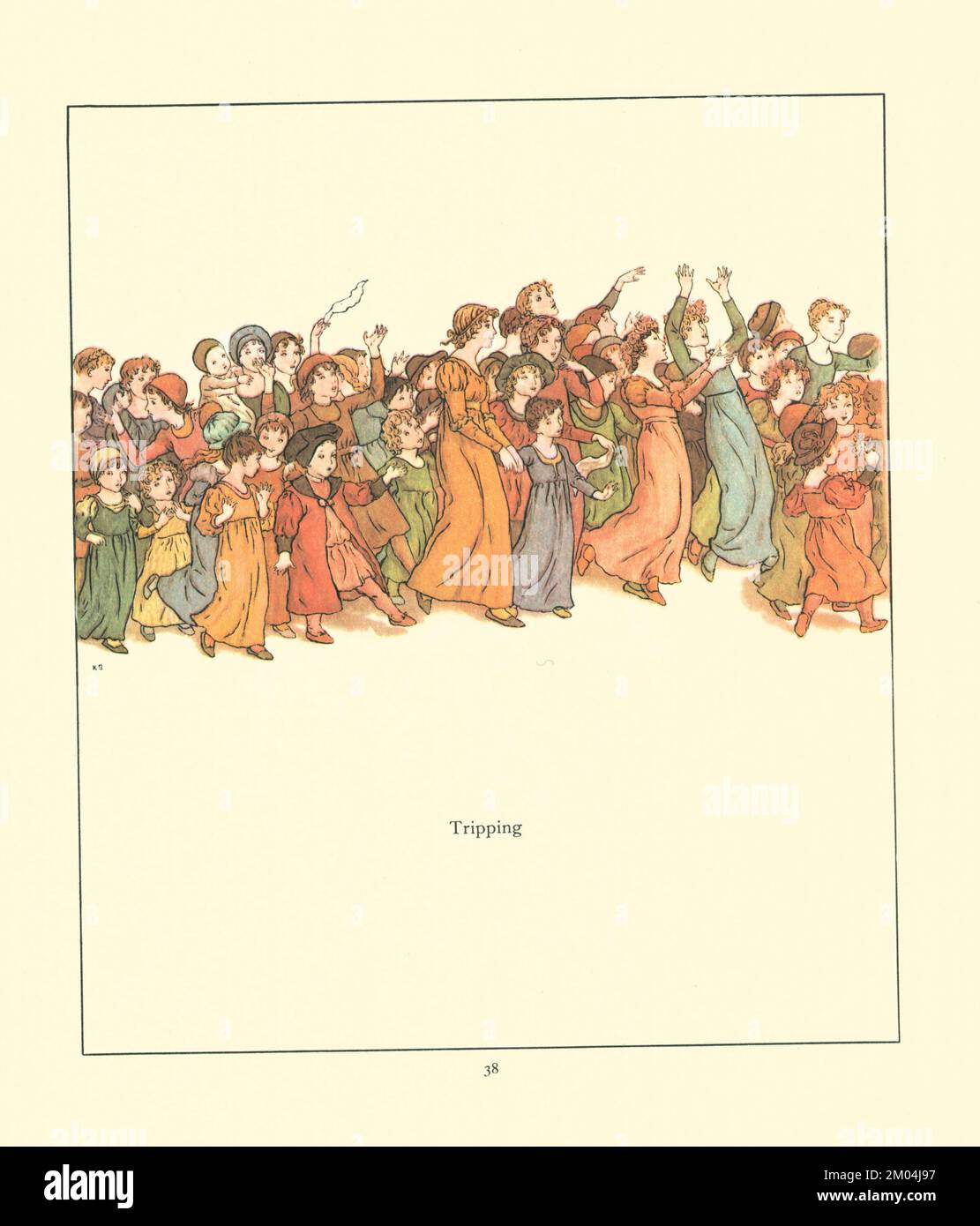 Tripping and Skipping, ran merrily after The wonderful music with shouting and laughter Illustrated by KATE GREENAWAY (1846-1901) English artist and writer. for The Pied Piper of Hamelin by Robert Browning, 1812-1889 Published by Warne in 1910 Stock Photo