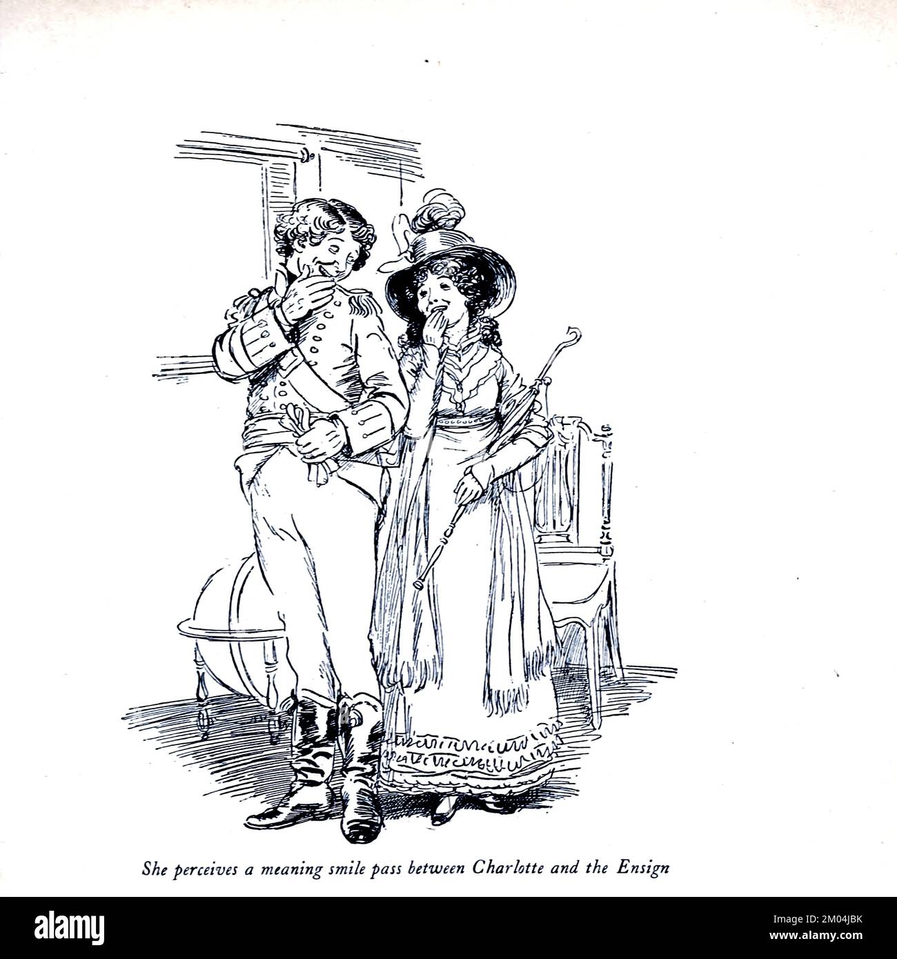 She perceives a meaning smile pass between Charlotte and the Ensign from ' Quality street, a comedy in four acts ' by James Matthew Barrie, Illustrated by Hugh Thomson, Publication date 1913 Publisher London Hodder & Stoughton Quality Street is a comedy in four acts by J. M. Barrie, written before his more famous work Peter Pan. The story is about two sisters who start a school 'for genteel children'. Stock Photo