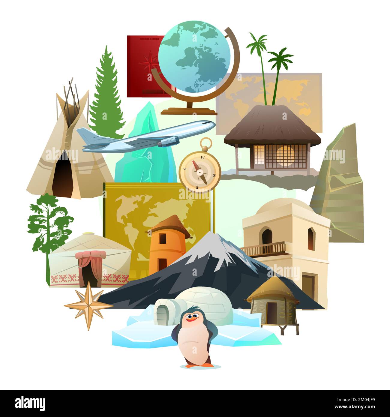World geography picture in form of circle. Travel items and plants trees of climatic zones. Dwellings of different peoples of countries. Isolated on Stock Vector