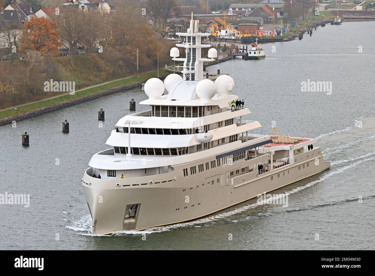 Explorer Megayacht SHACKLETON passing the Kiel Canal underway from Peene-Shipyard (Wolgast) to Blohm&Voss Shipyard (Hamburg). Still under construction. Stock Photo