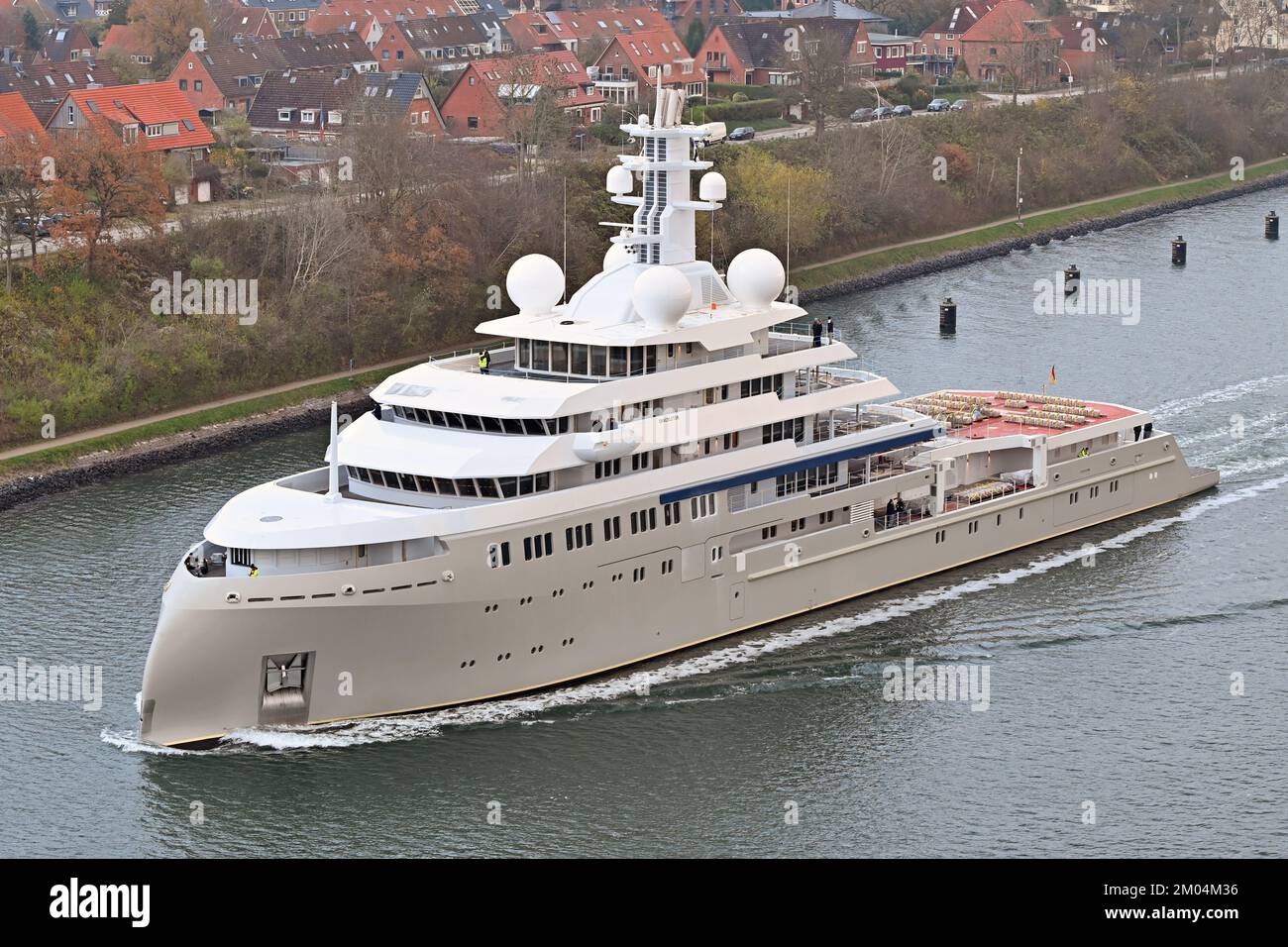 Explorer Megayacht SHACKLETON passing the Kiel Canal underway from Peene-Shipyard (Wolgast) to Blohm&Voss Shipyard (Hamburg). Still under construction. Stock Photo