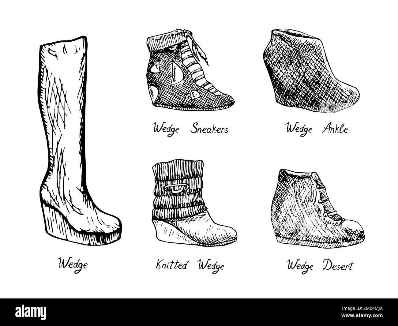 Wedge,Wedge sneakers, Wedge ankle, Knitted wedge, Wedge desert, isolated hand drawn outline doodle, sketch, black and white illustration with Stock Photo