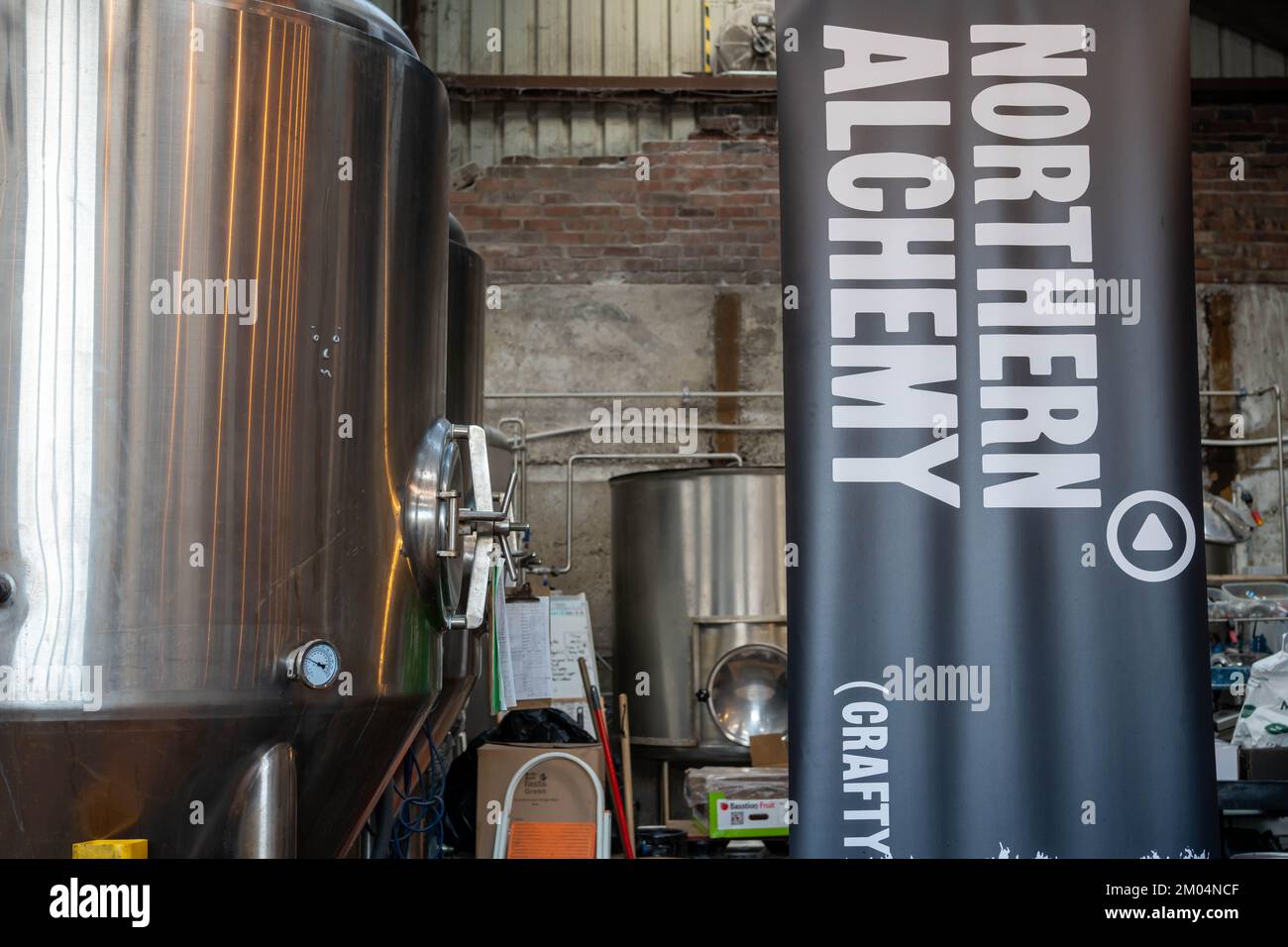 Northern Alchemy's brewing equipment inside the Old Coal Yard bar and venue in Newcastle upon Tyne, UK. Stock Photo