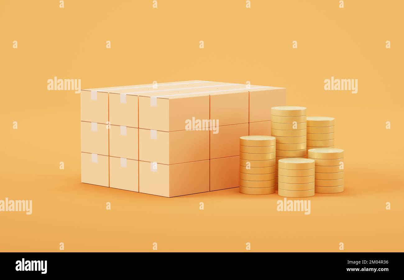 Square Packing Using Coin Packaging box and golden coins, 3d rendering. Digital drawing Stock ...