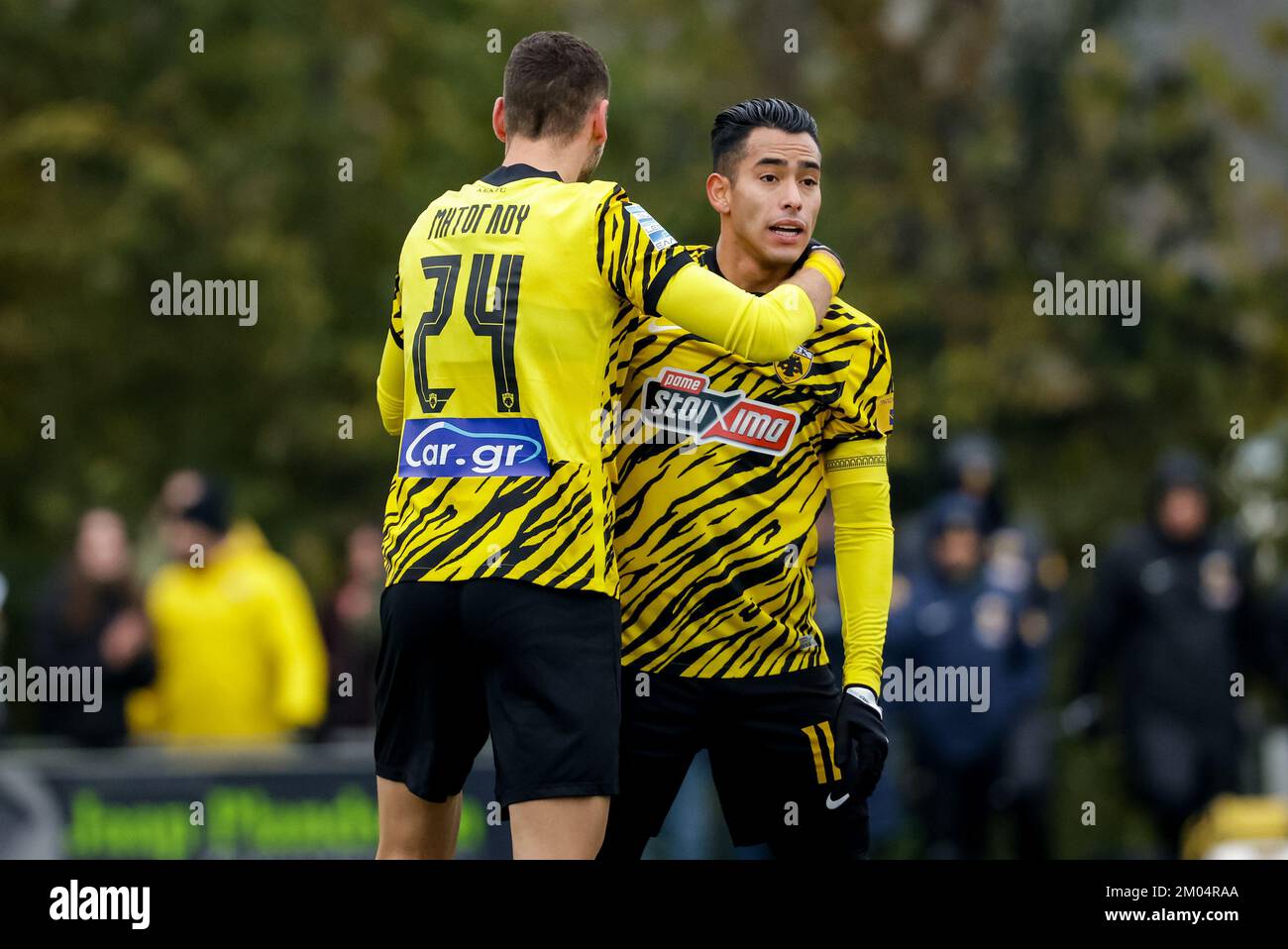 BURGH-HAAMSTEDE, NETHERLANDS - DECEMBER 4: Gerasimos Mitoglou of AEK Athens and Sergio Araujo of AEK Athens during the Friendly match between AEK Athens and RFC Seraing at Sportpark van Zuijen on December 4, 2022 in Burgh-Haamstede, Netherlands (Photo by Broer van den Boom/Orange Pictures) Stock Photo