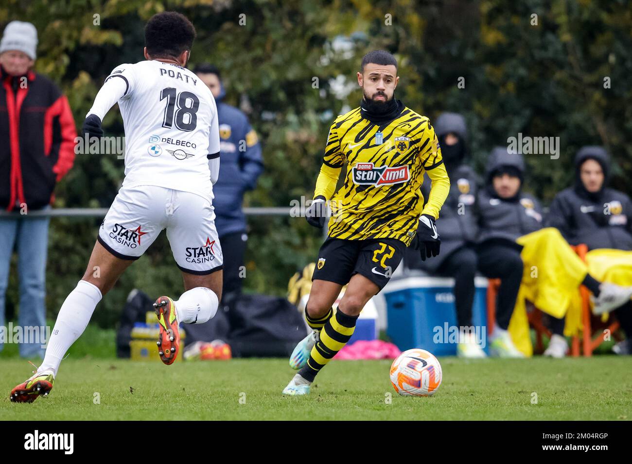 BURGH-HAAMSTEDE, NETHERLANDS - DECEMBER 4: Paolo Fernandes of AEK Athens  dribbles with the ball during the Friendly match between AEK Athens and RFC  Seraing at Sportpark van Zuijen on December 4, 2022