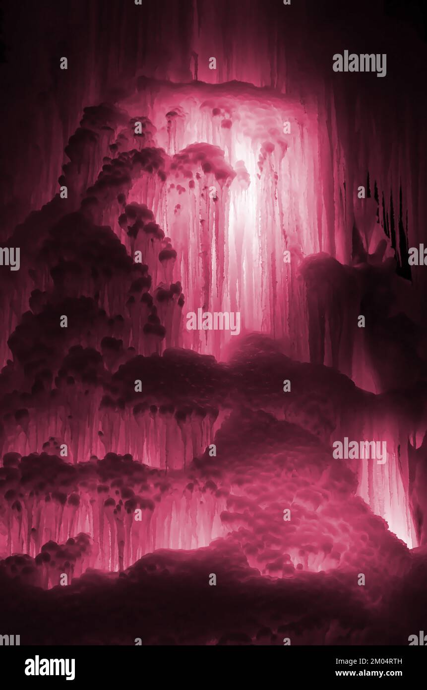 Huge ice icicles fragment of large blocks of ice frozen waterfall of