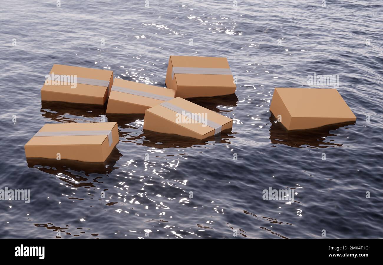 Cardboard boxes floating in the ocean , 3d rendering. Digital drawing