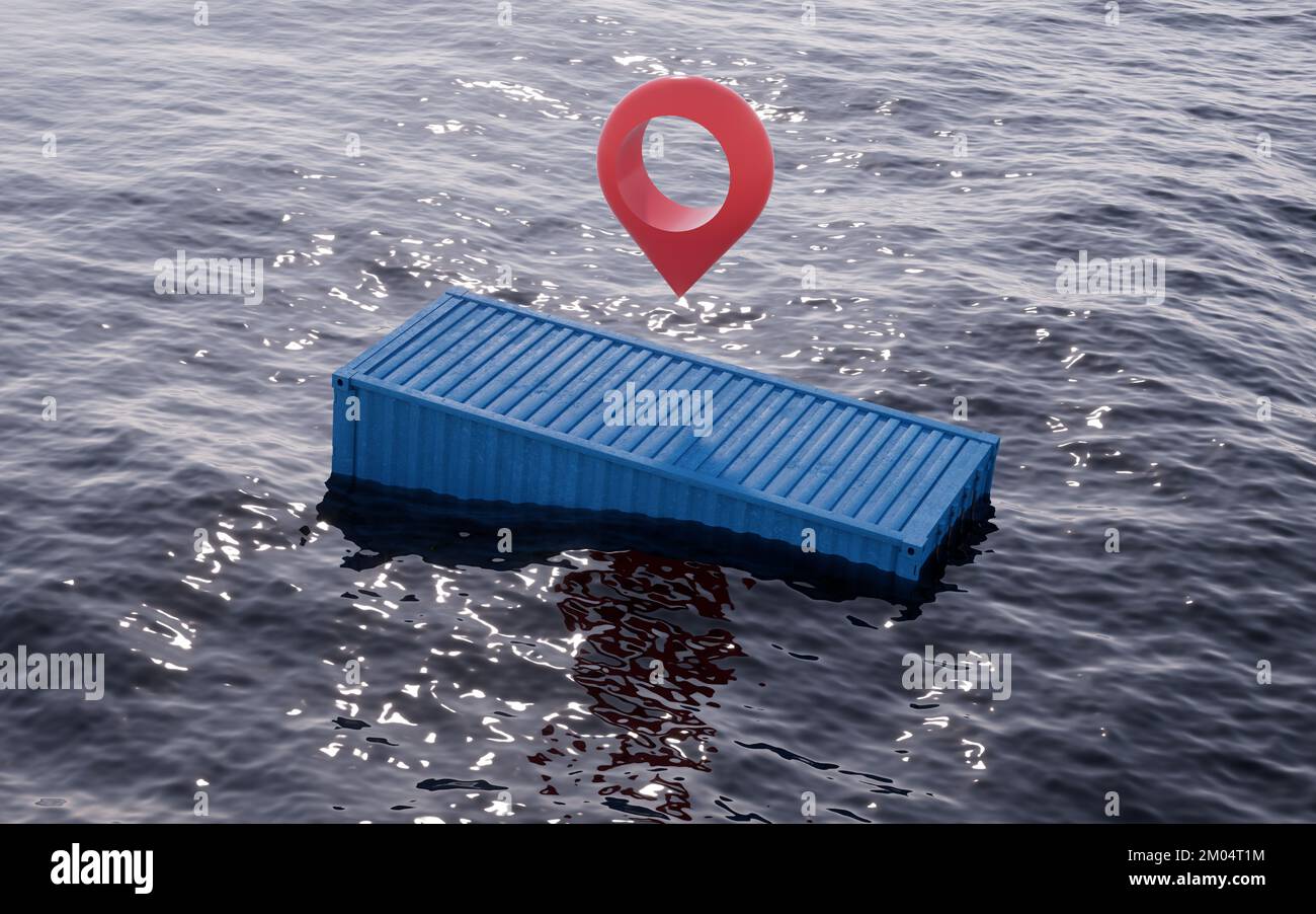 Cargo container floating in the ocean , 3d rendering. Digital drawing
