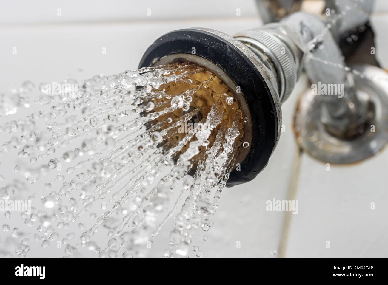 Water Flows From The Shower Head Attached To The Tiles In The Bathroom