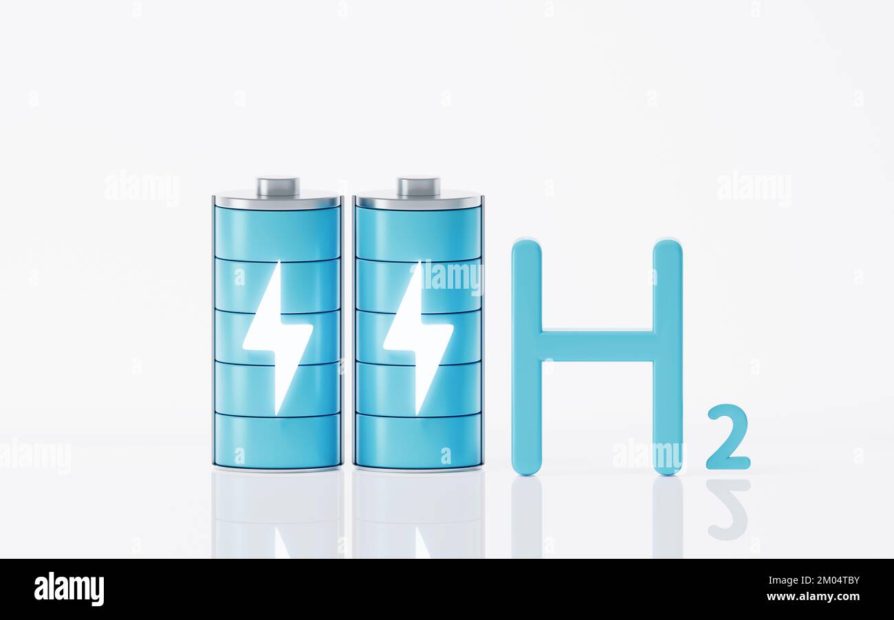 Hydrogen and battery, 3d rendering. Digital drawing. Stock Photo