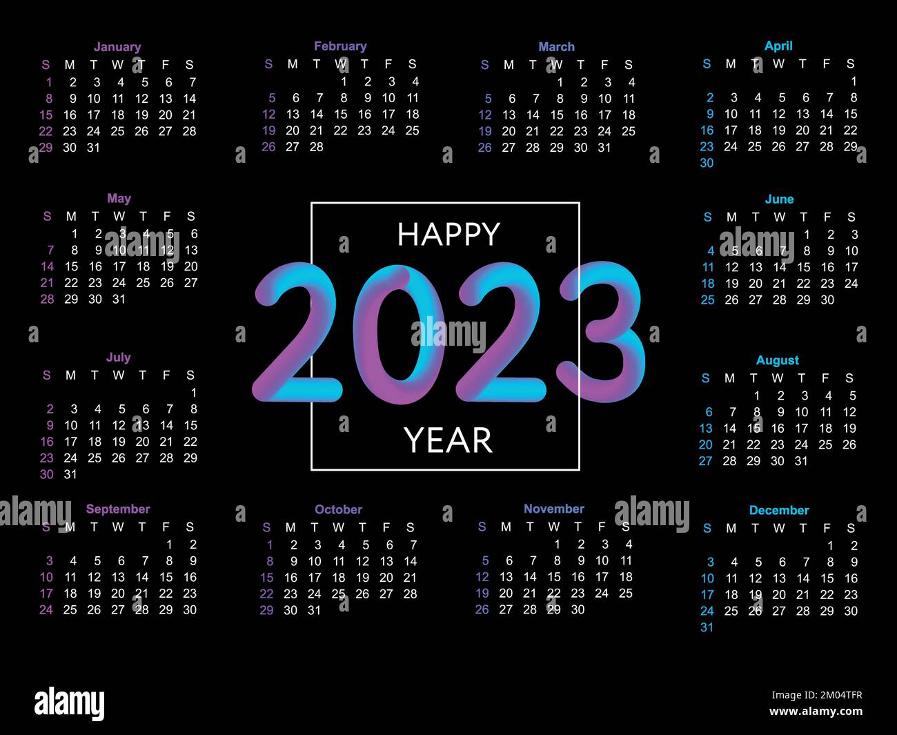 2023 Calendar year vector illustration. The week starts on Sunday. Annual calendar  2023 template. Calendar design in black and white colors, Sunday in Stock  Vector Image & Art - Alamy