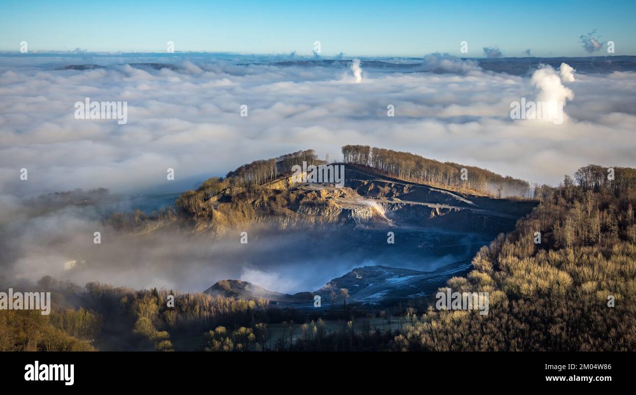 Germa View Aerial view, fog at the quarry Ebel Steinbruchbetriebe Werk Habbel in ...