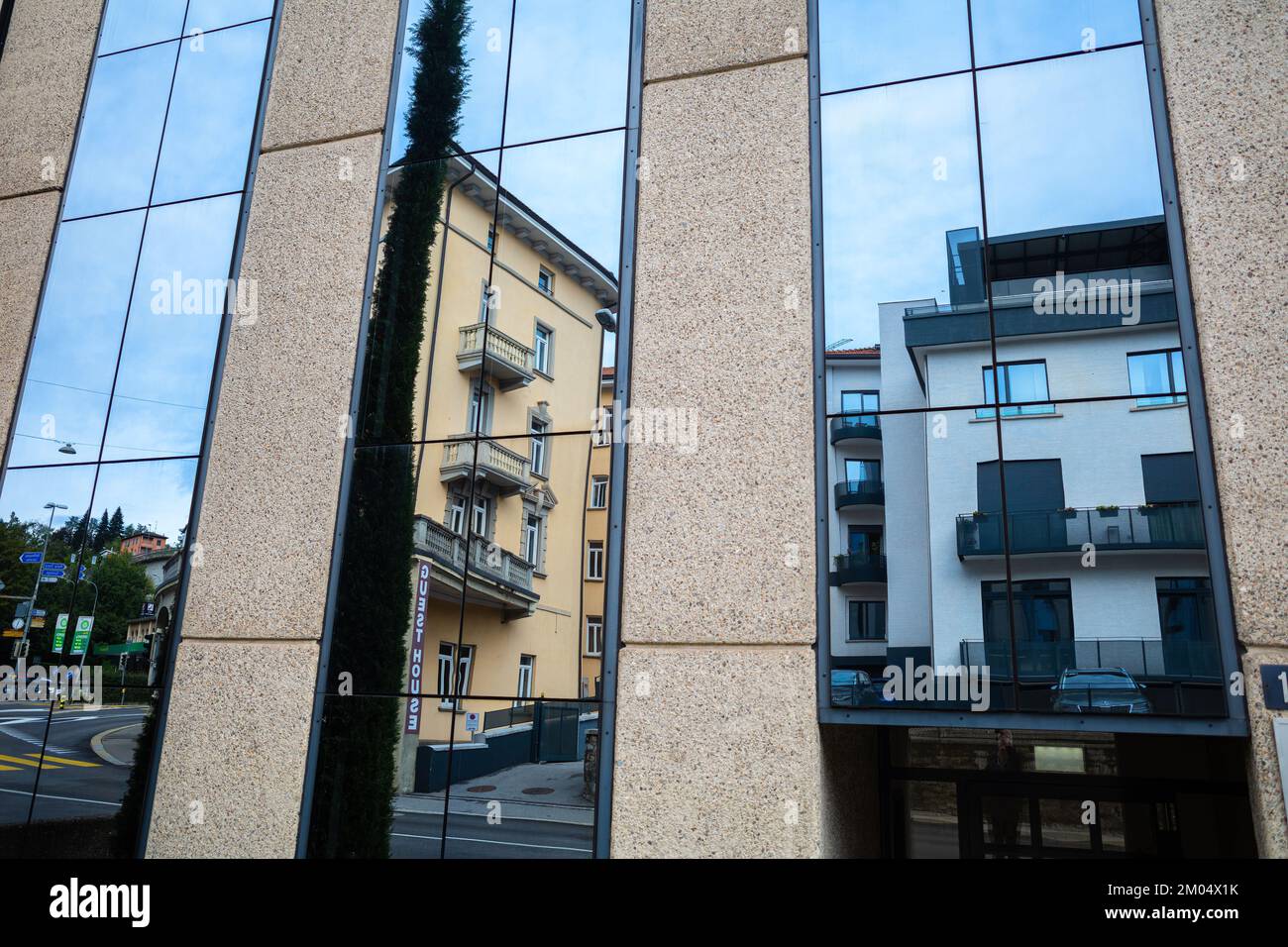 Lugano, Switzerland October 1, 2022 Reflection of houses in Lugano