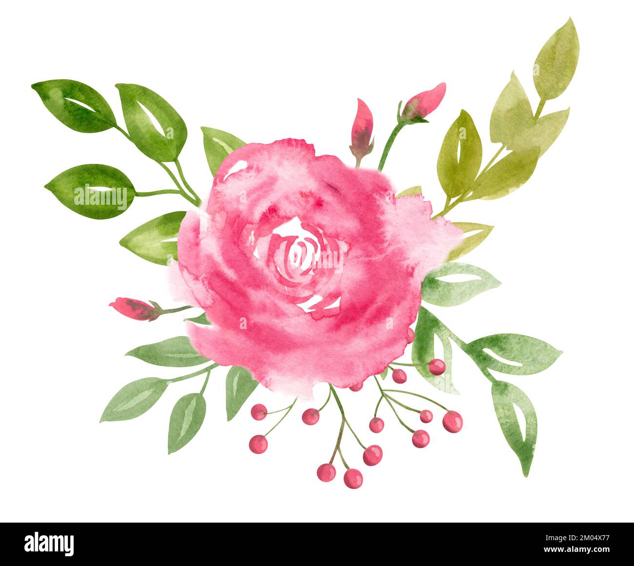 Abstract watercolor pink rose with green leaves. Hand drawn ...
