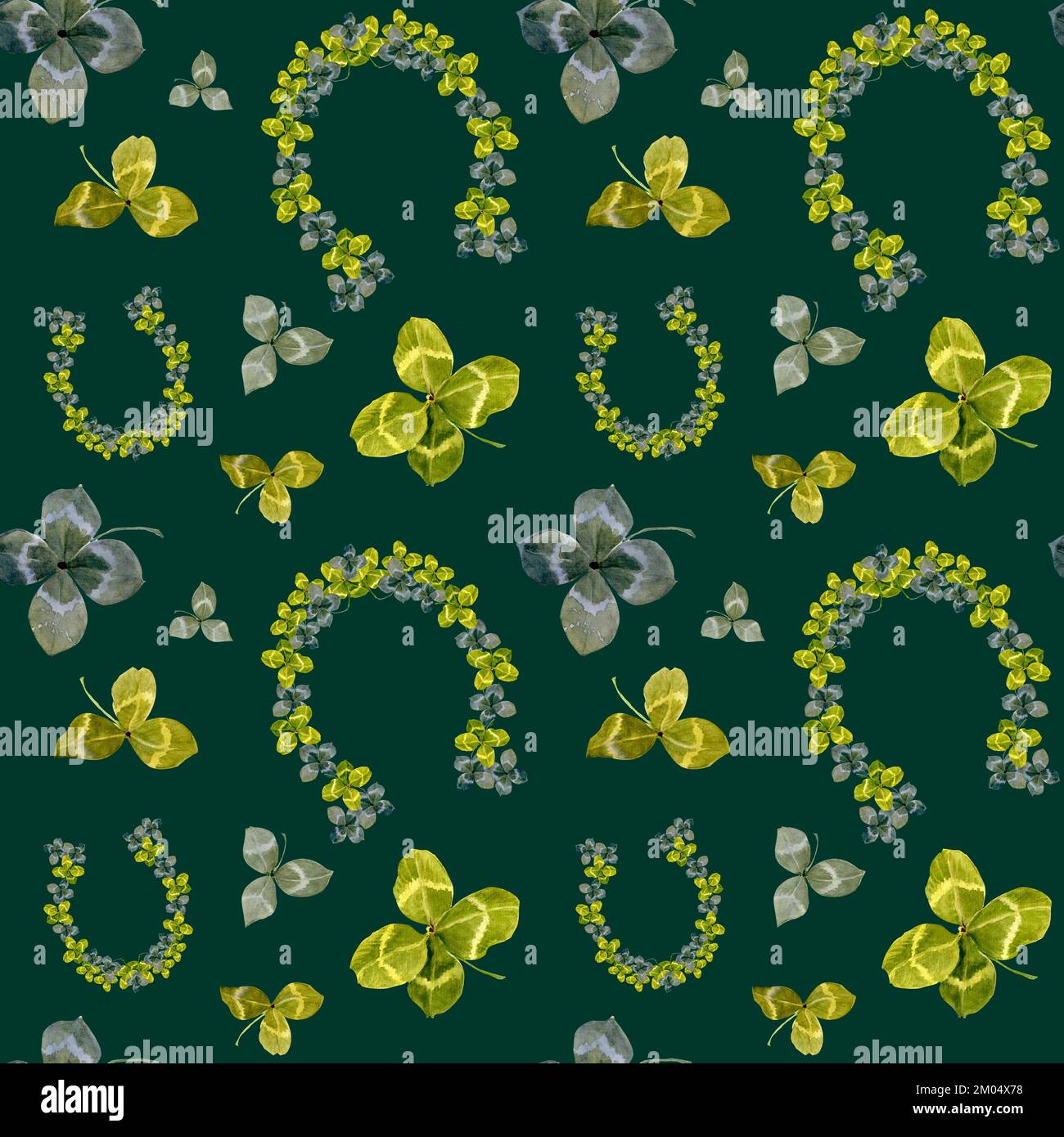 Watercolor seamless pattern, clover leaves horseshoe on dack green background. Hand draw leaves for St Patrick's day. Template for decorating designs Stock Photo