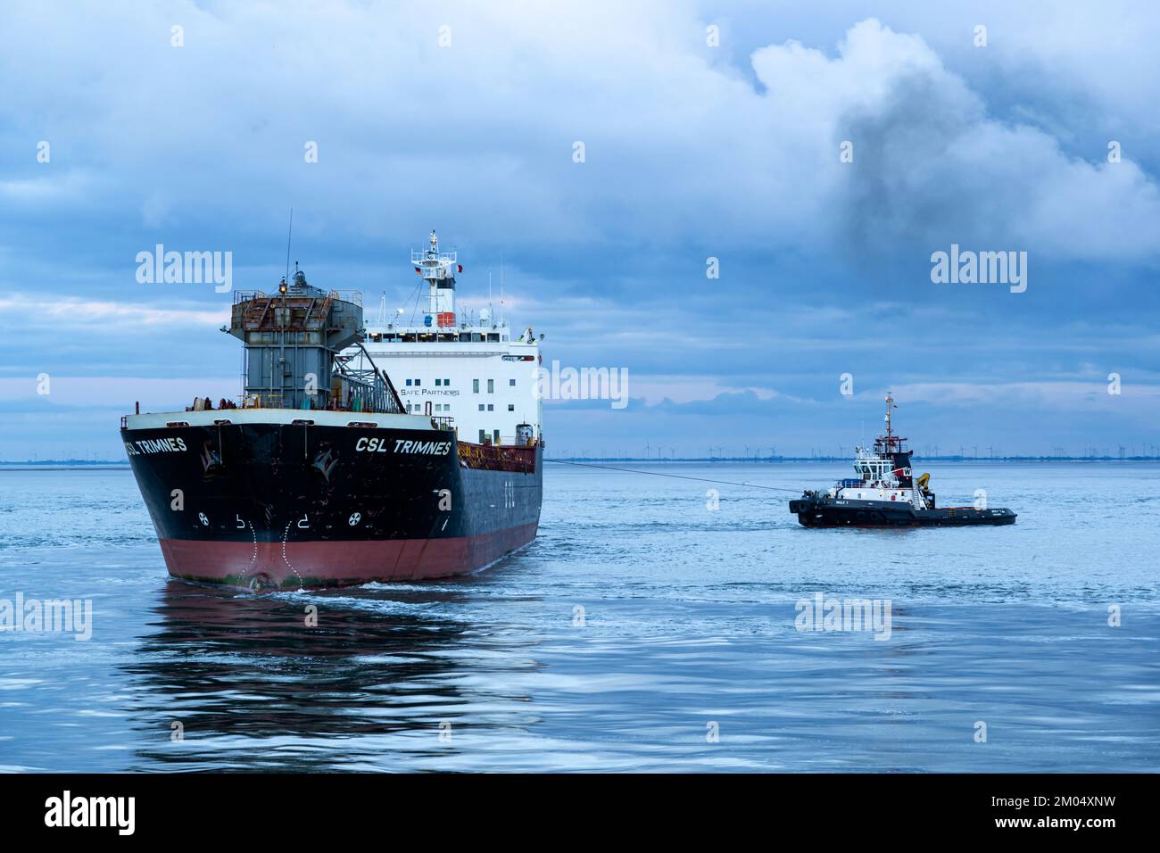 self discharging bulk Carrier CSL TRIMNES leaving the port of Cuxhaven Stock Photo