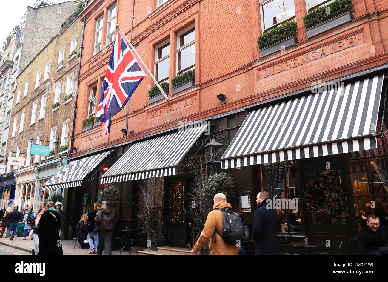 5 star Covent Garden Hotel on Monmouth Street, near Seven Dial in the Christmas season, 2022, in central London, UK Stock Photo