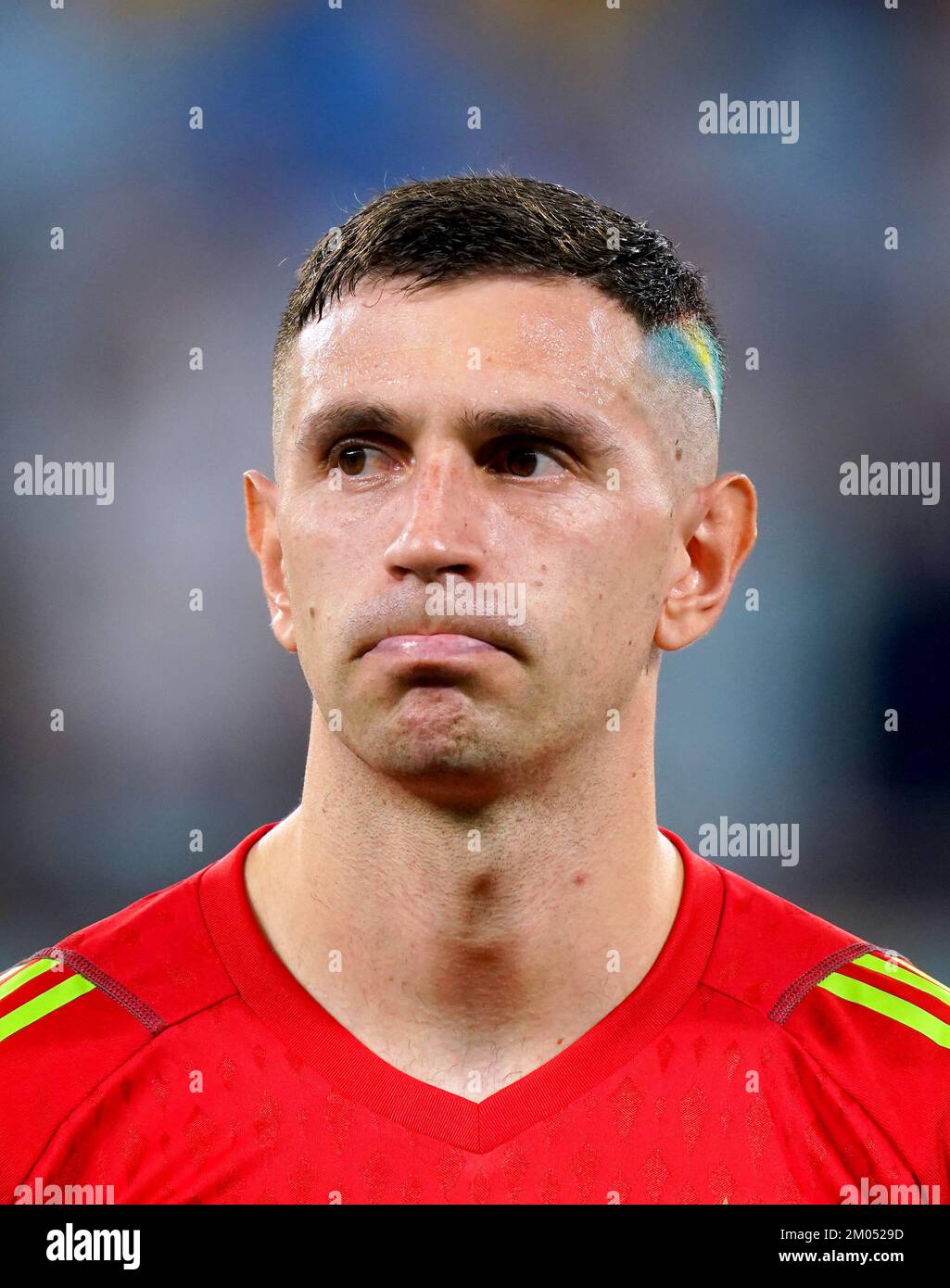 Argentina goalkeeper Emiliano Martinez lines up on the pitch ahead of